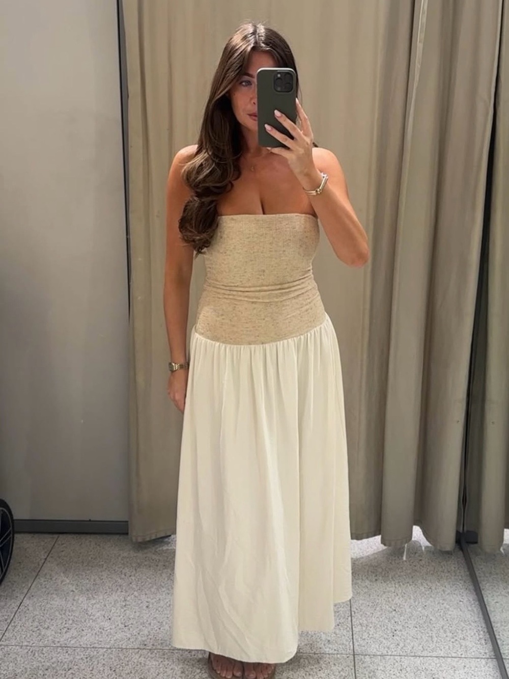 Zara Strapless Two-Tone Maxi Dress in Beige and Ivory